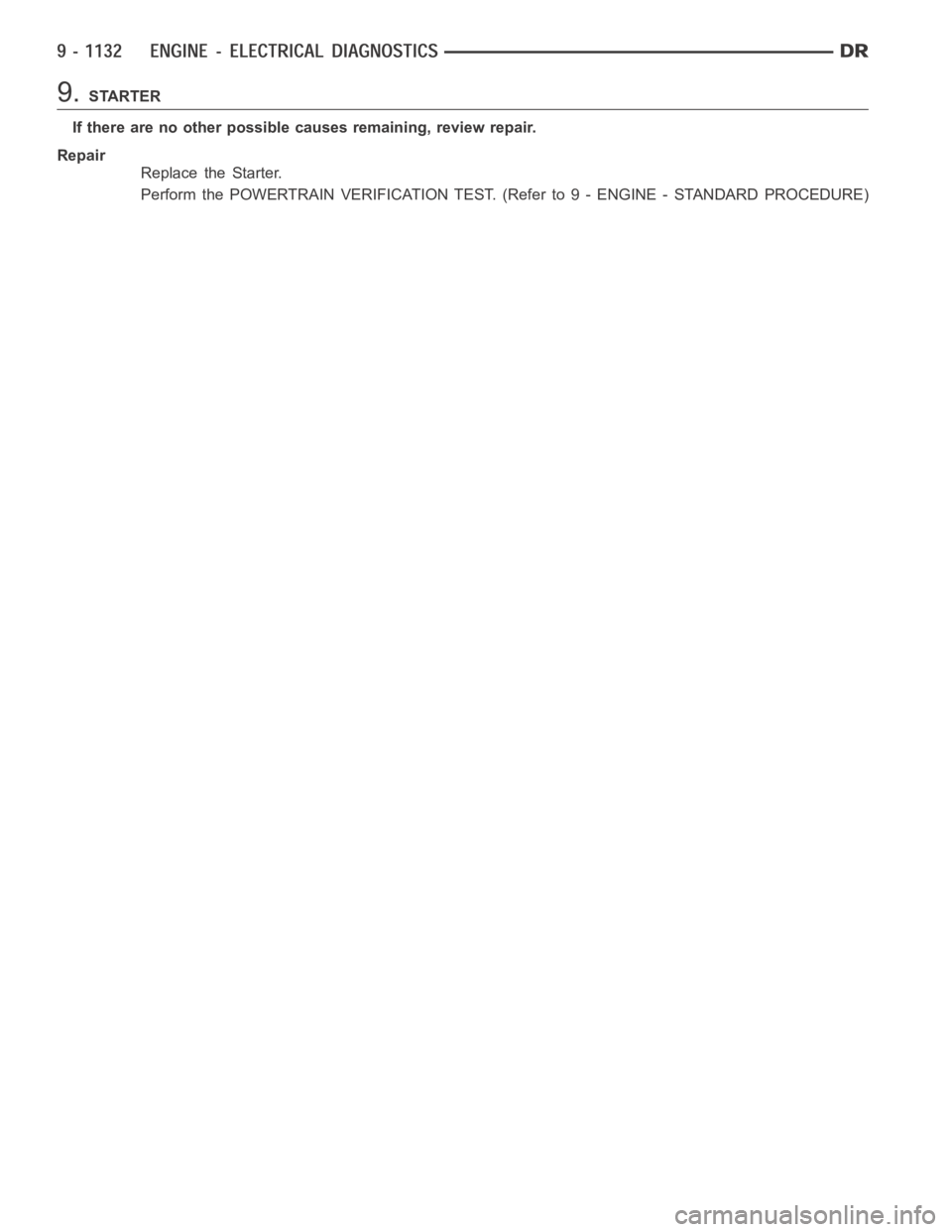 DODGE RAM SRT-10 2006  Service Repair Manual 9.STARTER
If there are no other possible causes remaining, review repair.
Repair
Replace the Starter.
Perform the POWERTRAIN VERIFICATION TEST. (Refer to 9 - ENGINE - STANDARD PROCEDURE) 