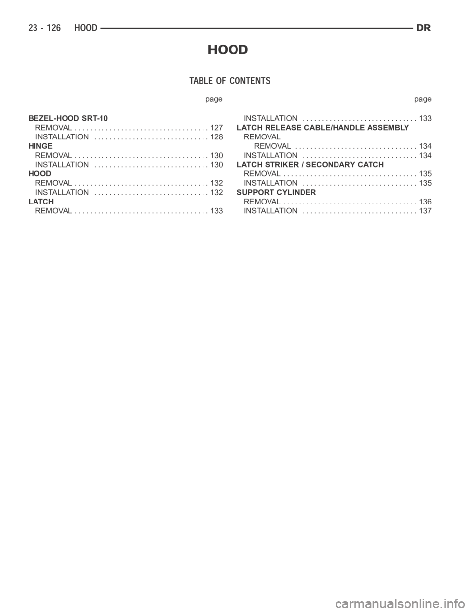DODGE RAM SRT-10 2006  Service Repair Manual page page
BEZEL-HOOD SRT-10
REMOVAL ................................... 127
INSTALLATION .............................. 128
HINGE
REMOVAL ................................... 130
INSTALLATION .........