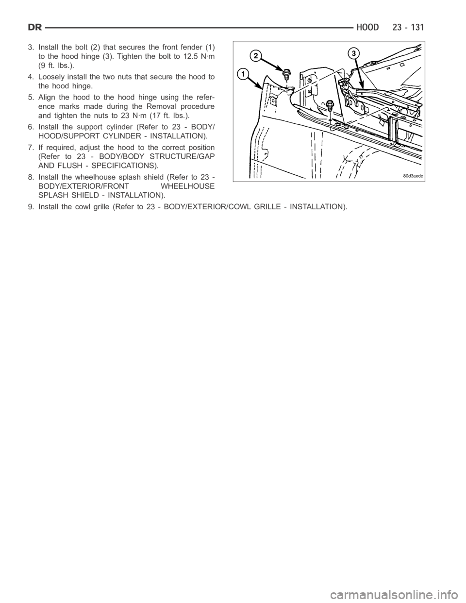 DODGE RAM SRT-10 2006  Service Repair Manual 3. Install the bolt (2) that secures the front fender (1)
to the hood hinge (3). Tighten the bolt to 12.5 Nꞏm
(9 ft. lbs.).
4. Loosely install the two nuts that secure the hood to
the hood hinge.
5.