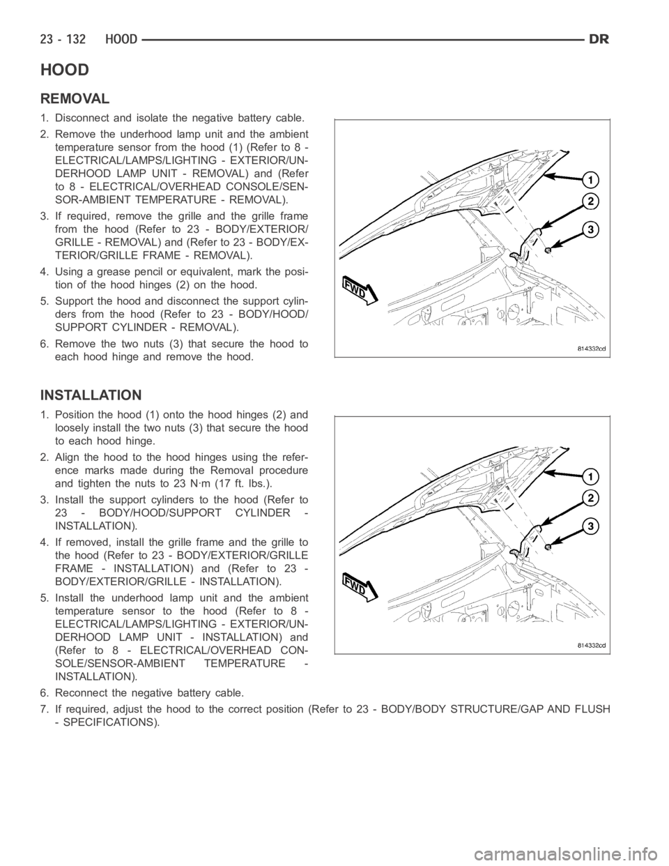 DODGE RAM SRT-10 2006  Service Repair Manual HOOD
REMOVAL
1. Disconnect and isolate the negative battery cable.
2. Remove the underhood lamp unit and the ambient
temperature sensor from the hood (1) (Refer to 8 -
ELECTRICAL/LAMPS/LIGHTING - EXTE