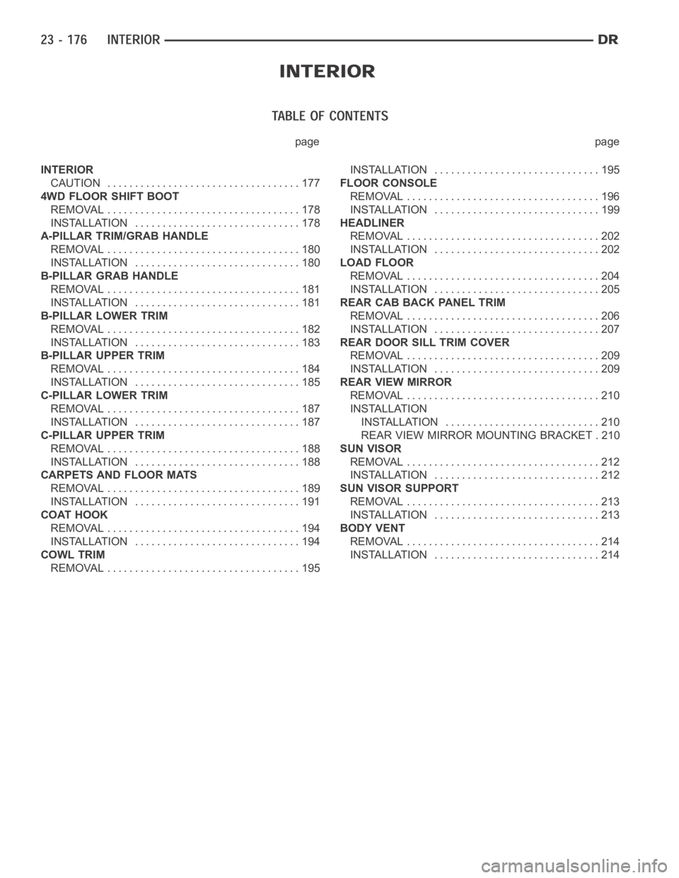 DODGE RAM SRT-10 2006 Service Repair Manual page page
INTERIOR
CAUTION ................................... 177
4WD FLOOR SHIFT BOOT
REMOVAL ................................... 178
INSTALLATION .............................. 178
A-PILLAR TRIM/GR DODGE RAM SRT-10 2006 Service Repair Manual page page
INTERIOR
CAUTION ................................... 177
4WD FLOOR SHIFT BOOT
REMOVAL ................................... 178
INSTALLATION .............................. 178
A-PILLAR TRIM/GR