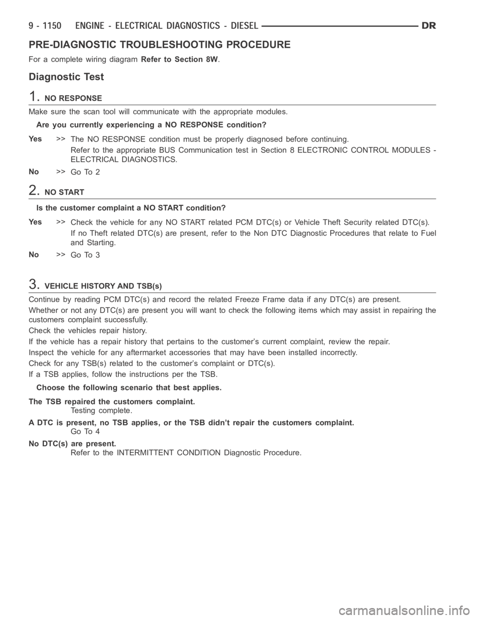 DODGE RAM SRT-10 2006  Service Repair Manual PRE-DIAGNOSTIC TROUBLESHOOTING PROCEDURE
For a complete wiring diagramRefer to Section 8W.
Diagnostic Test
1.NO RESPONSE
Make sure the scan tool will communicate with the appropriate modules.
Are you 