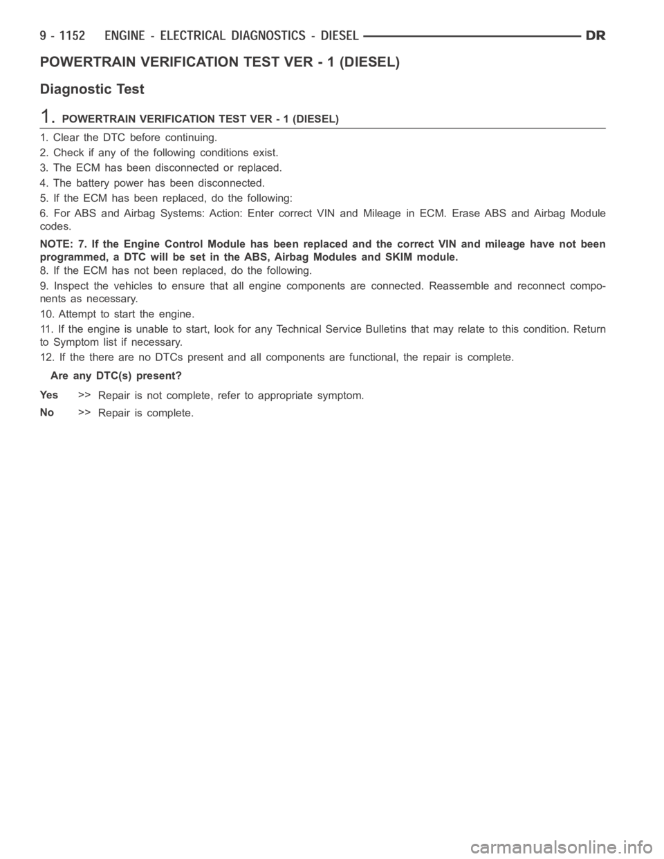DODGE RAM SRT-10 2006  Service Repair Manual POWERTRAIN VERIFICATION TEST VER - 1 (DIESEL)
Diagnostic Test
1.POWERTRAIN VERIFICATION TEST VER - 1 (DIESEL)
1. Clear the DTC before continuing.
2. Check if any of the following conditions exist.
3. 