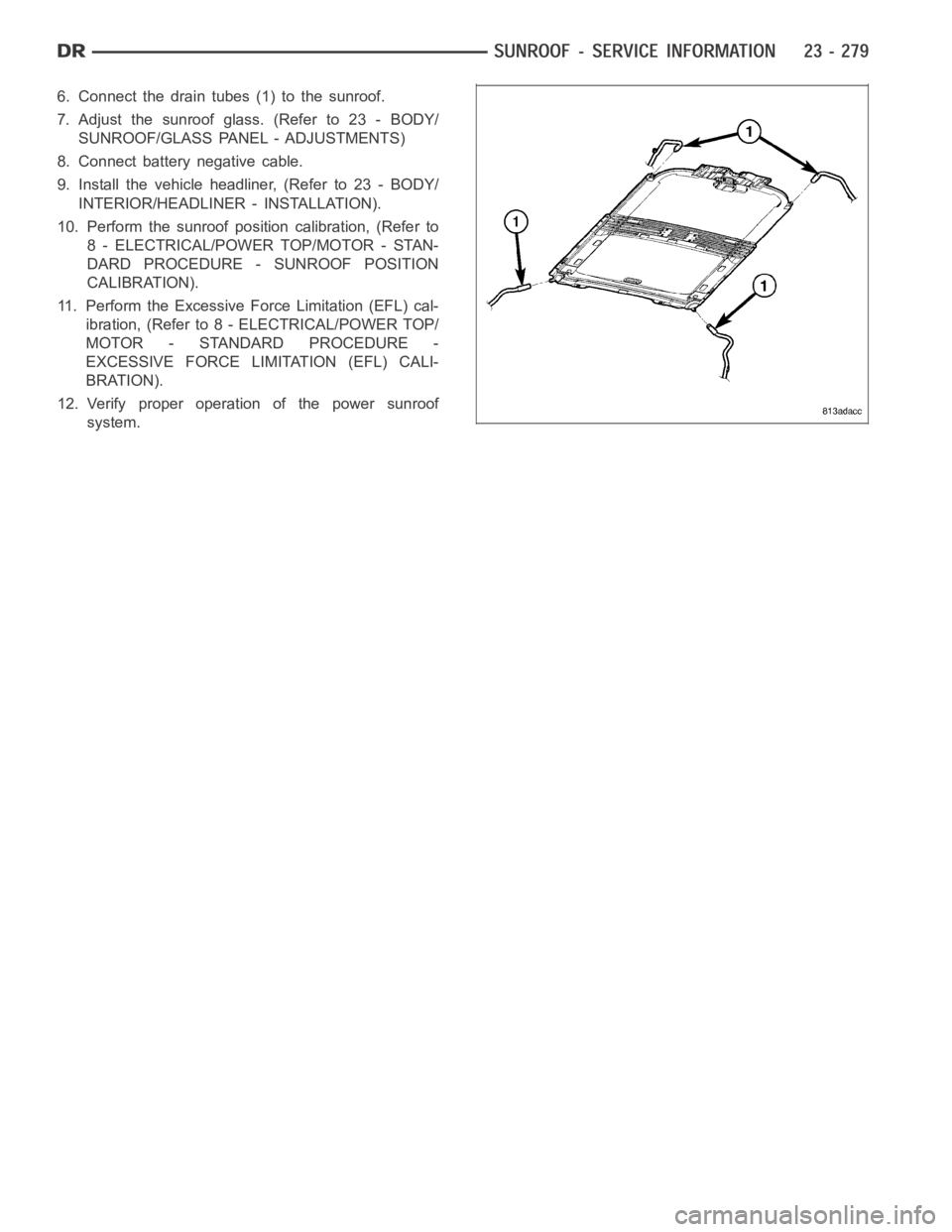 DODGE RAM SRT-10 2006  Service Repair Manual 6. Connect the drain tubes (1) to the sunroof.
7. Adjust the sunroof glass. (Refer to 23 - BODY/
SUNROOF/GLASS PANEL - ADJUSTMENTS)
8. Connect battery negative cable.
9. Install the vehicle headliner,