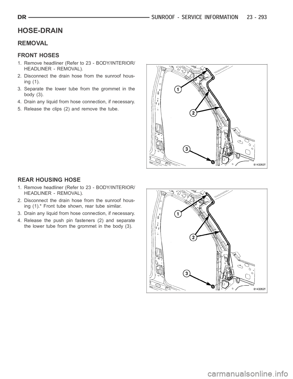 DODGE RAM SRT-10 2006  Service Repair Manual HOSE-DRAIN
REMOVAL
FRONT HOSES
1. Remove headliner (Refer to 23 - BODY/INTERIOR/
HEADLINER - REMOVAL).
2. Disconnect the drain hose from the sunroof hous-
ing (1).
3. Separate the lower tube from the 