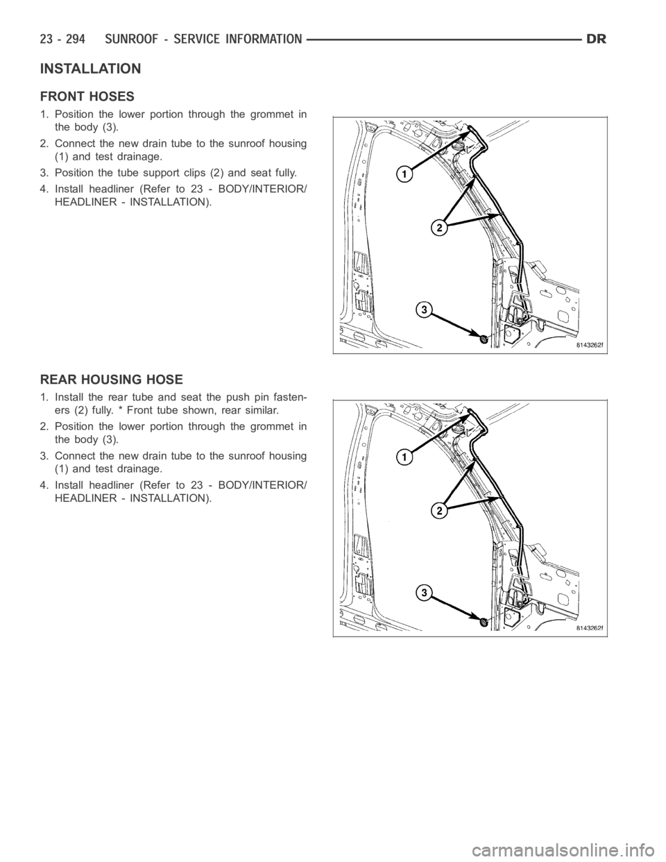 DODGE RAM SRT-10 2006  Service Repair Manual INSTALLATION
FRONT HOSES
1. Position the lower portion through the grommet in
the body (3).
2. Connect the new drain tube to the sunroof housing
(1) and test drainage.
3. Position the tube support cli