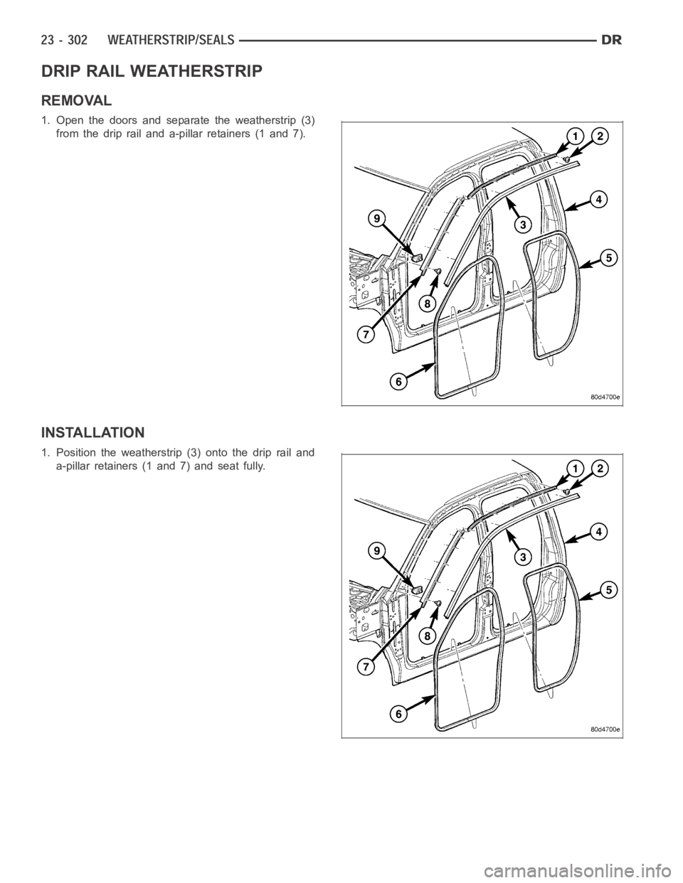 DODGE RAM SRT-10 2006  Service Repair Manual DRIP RAIL WEATHERSTRIP
REMOVAL
1. Open the doors and separate the weatherstrip (3)
from the drip rail and a-pillar retainers (1 and 7).
INSTALLATION
1. Position the weatherstrip (3) onto the drip rail