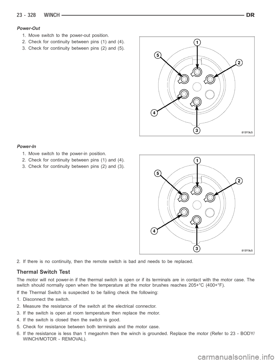 DODGE RAM SRT-10 2006 Service Repair Manual Power-Out
1. Move switch to the power-out position.
2. Check for continuity between pins (1) and (4).
3. Check for continuity between pins (2) and (5).
Power-In
1. Move switch to the power-in position DODGE RAM SRT-10 2006 Service Repair Manual Power-Out
1. Move switch to the power-out position.
2. Check for continuity between pins (1) and (4).
3. Check for continuity between pins (2) and (5).
Power-In
1. Move switch to the power-in position