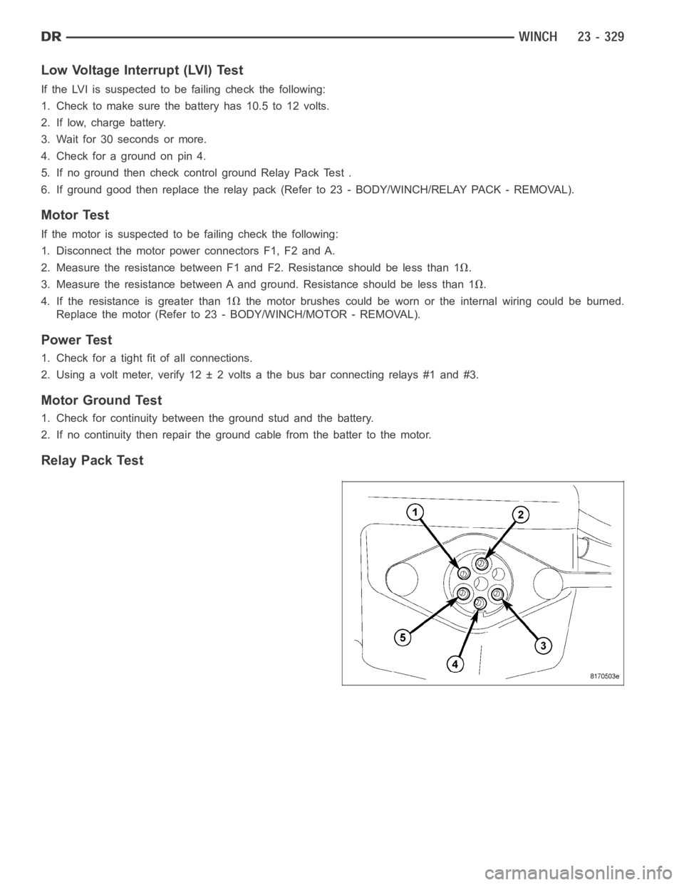 DODGE RAM SRT-10 2006  Service Repair Manual Low Voltage Interrupt (LVI) Test
If the LVI is suspected to be failing check the following:
1. Check to make sure the battery has 10.5 to 12 volts.
2. If low, charge battery.
3. Wait for 30 seconds or