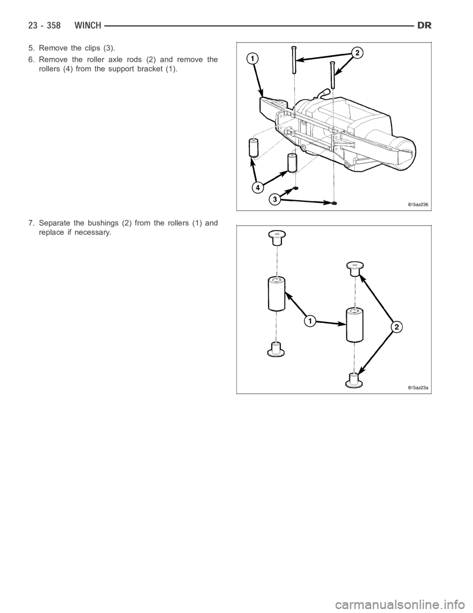 DODGE RAM SRT-10 2006  Service Repair Manual 5. Remove the clips (3).
6. Remove the roller axle rods (2) and remove the
rollers (4) from the support bracket (1).
7. Separate the bushings (2) from the rollers (1) and
replace if necessary. 