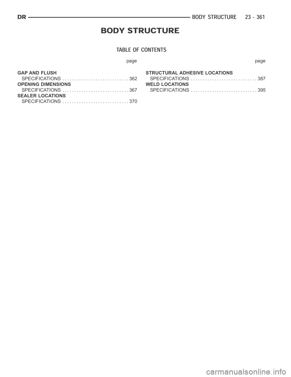 DODGE RAM SRT-10 2006  Service Repair Manual page page
GAP AND FLUSH
SPECIFICATIONS ............................ 362
OPENING DIMENSIONS
SPECIFICATIONS ............................ 367
SEALER LOCATIONS
SPECIFICATIONS ............................ 