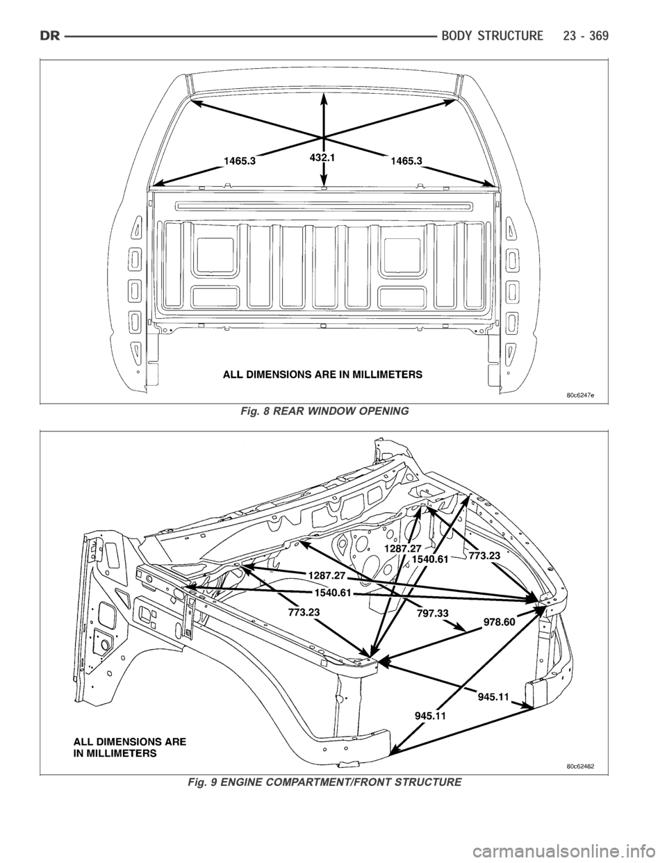 DODGE RAM SRT-10 2006  Service Repair Manual Fig. 8 REAR WINDOW OPENING
Fig. 9 ENGINE COMPARTMENT/FRONT STRUCTURE 