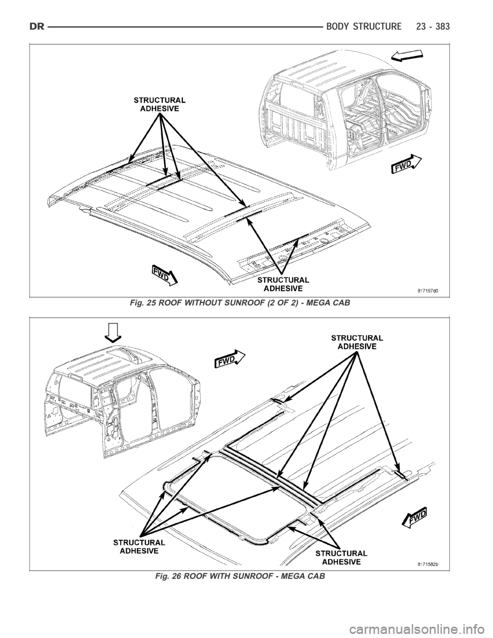 DODGE RAM SRT-10 2006  Service Repair Manual Fig. 25 ROOF WITHOUT SUNROOF (2 OF 2) - MEGA CAB
Fig. 26 ROOF WITH SUNROOF - MEGA CAB 