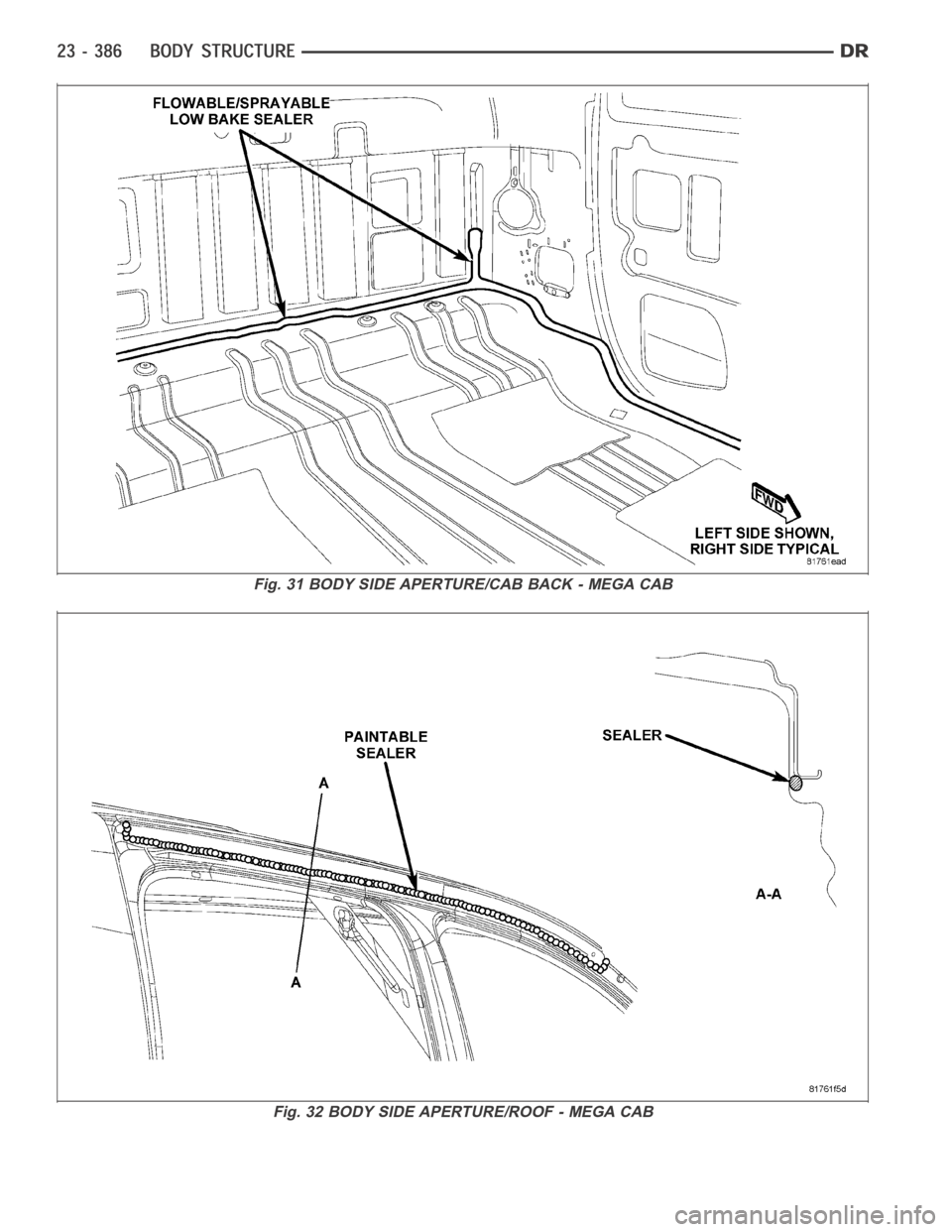 DODGE RAM SRT-10 2006  Service Repair Manual Fig. 31 BODY SIDE APERTURE/CAB BACK - MEGA CAB
Fig. 32 BODY SIDE APERTURE/ROOF - MEGA CAB 