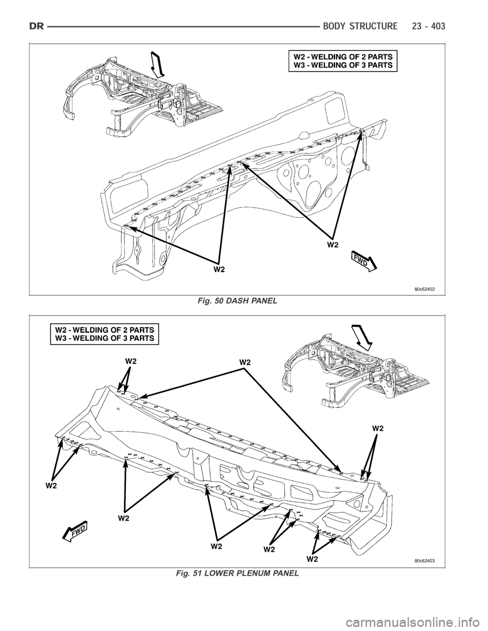 DODGE RAM SRT-10 2006  Service Repair Manual Fig. 50 DASH PANEL
Fig. 51 LOWER PLENUM PANEL 
