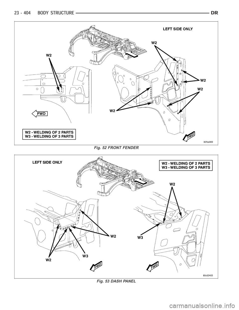 DODGE RAM SRT-10 2006  Service Repair Manual Fig. 52 FRONT FENDER
Fig. 53 DASH PANEL 