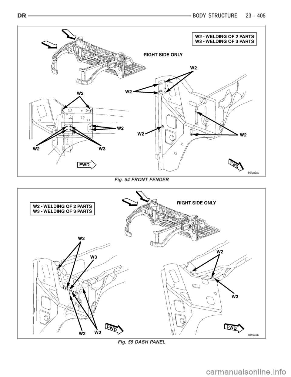 DODGE RAM SRT-10 2006  Service Repair Manual Fig. 54 FRONT FENDER
Fig. 55 DASH PANEL 