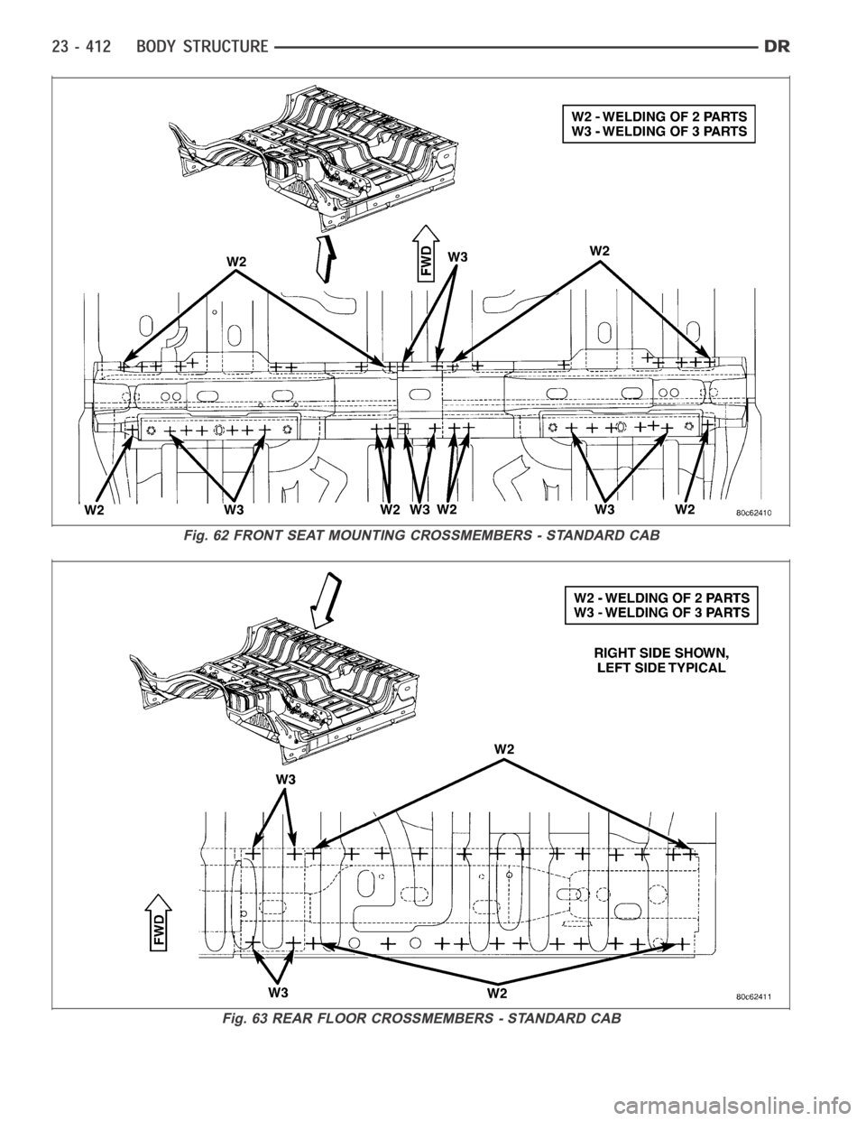 DODGE RAM SRT-10 2006  Service Repair Manual Fig. 62 FRONT SEAT MOUNTING CROSSMEMBERS - STANDARD CAB
Fig. 63 REAR FLOOR CROSSMEMBERS - STANDARD CAB 