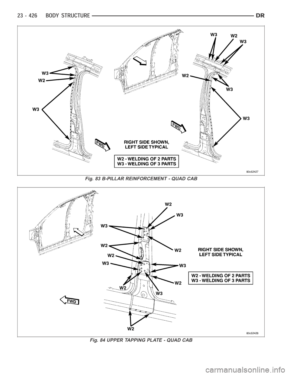 DODGE RAM SRT-10 2006  Service Repair Manual Fig. 83 B-PILLAR REINFORCEMENT - QUAD CAB
Fig. 84 UPPER TAPPING PLATE - QUAD CAB 