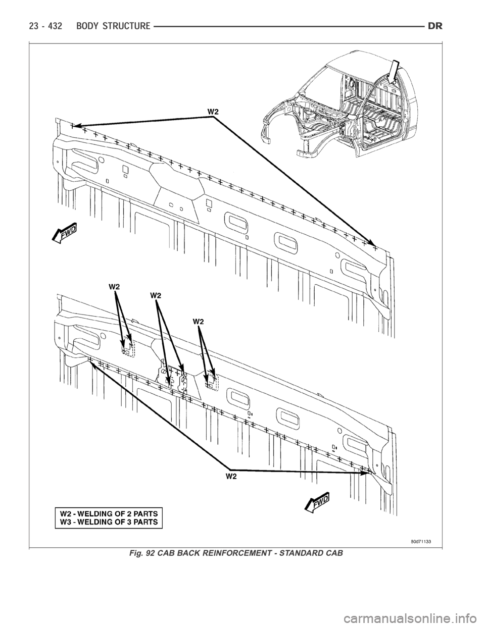 DODGE RAM SRT-10 2006  Service Repair Manual Fig. 92 CAB BACK REINFORCEMENT - STANDARD CAB 