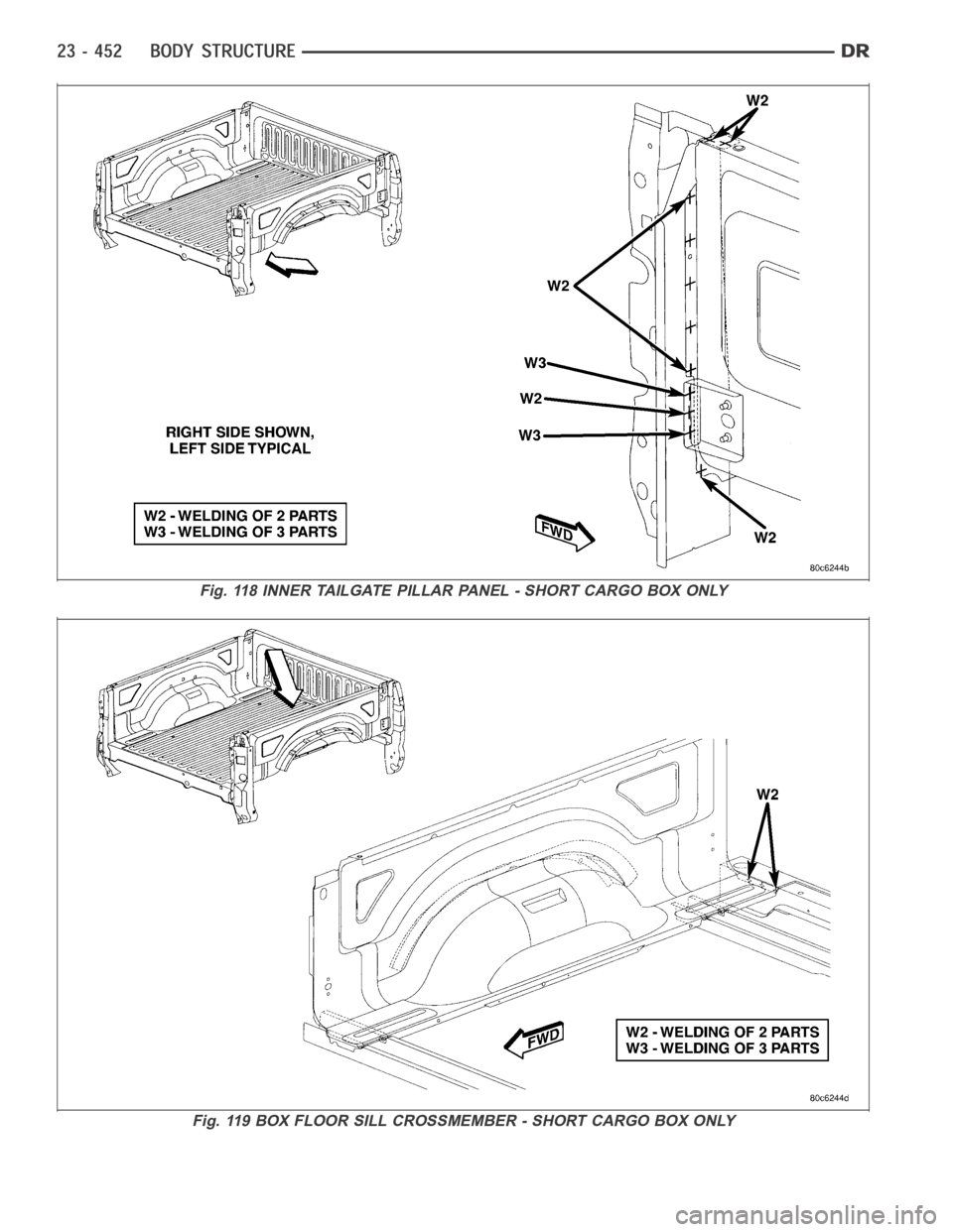 DODGE RAM SRT-10 2006  Service Repair Manual Fig. 118 INNER TAILGATE PILLAR PANEL - SHORT CARGO BOX ONLY
Fig. 119 BOX FLOOR SILL CROSSMEMBER - SHORT CARGO BOX ONLY 