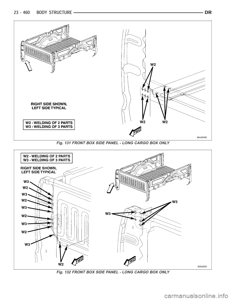 DODGE RAM SRT-10 2006  Service Repair Manual Fig. 131 FRONT BOX SIDE PANEL - LONG CARGO BOX ONLY
Fig. 132 FRONT BOX SIDE PANEL - LONG CARGO BOX ONLY 
