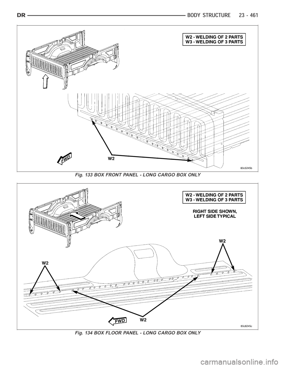 DODGE RAM SRT-10 2006  Service Repair Manual Fig. 133 BOX FRONT PANEL - LONG CARGO BOX ONLY
Fig. 134 BOX FLOOR PANEL - LONG CARGO BOX ONLY 