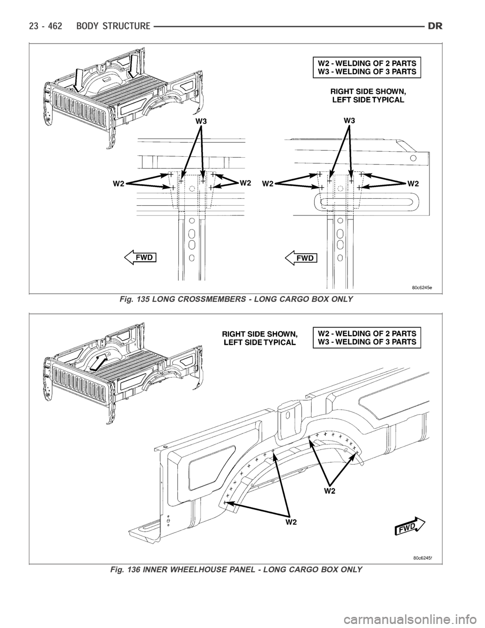 DODGE RAM SRT-10 2006  Service Repair Manual Fig. 135 LONG CROSSMEMBERS - LONG CARGO BOX ONLY
Fig. 136 INNER WHEELHOUSE PANEL - LONG CARGO BOX ONLY 