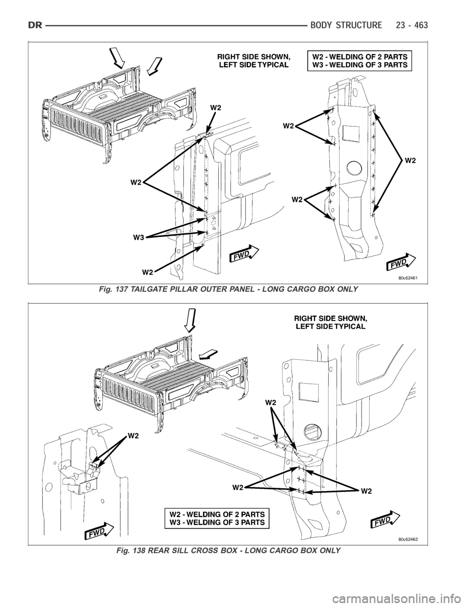 DODGE RAM SRT-10 2006  Service Repair Manual Fig. 137 TAILGATE PILLAR OUTER PANEL - LONG CARGO BOX ONLY
Fig. 138 REAR SILL CROSS BOX - LONG CARGO BOX ONLY 
