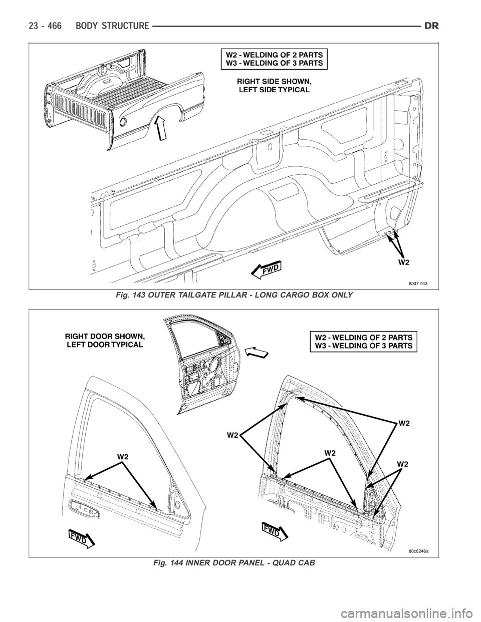 DODGE RAM SRT-10 2006  Service Repair Manual Fig. 143 OUTER TAILGATE PILLAR - LONG CARGO BOX ONLY
Fig. 144 INNER DOOR PANEL - QUAD CAB 