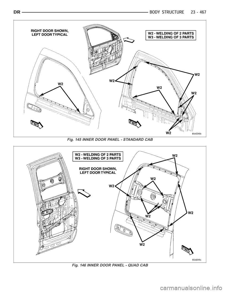 DODGE RAM SRT-10 2006  Service Repair Manual Fig. 145 INNER DOOR PANEL - STANDARD CAB
Fig. 146 INNER DOOR PANEL - QUAD CAB 