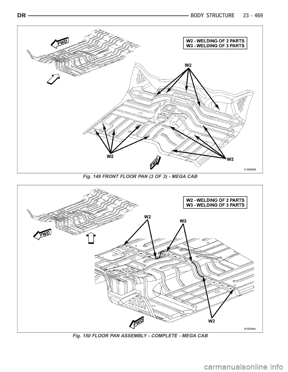 DODGE RAM SRT-10 2006  Service Repair Manual Fig. 149 FRONT FLOOR PAN (3 OF 3) - MEGA CAB
Fig. 150 FLOOR PAN ASSEMBLY - COMPLETE - MEGA CAB 