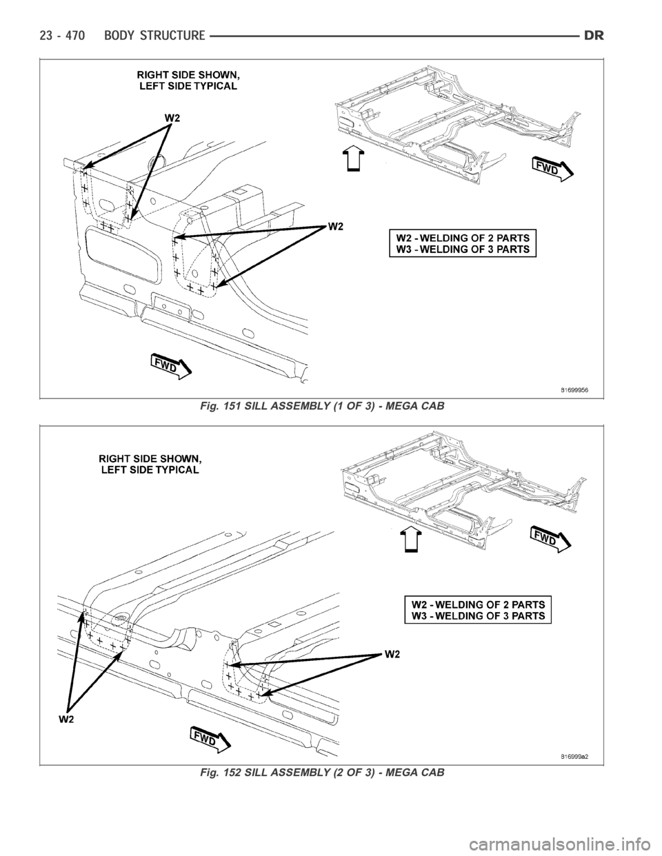 DODGE RAM SRT-10 2006  Service Repair Manual Fig. 151 SILL ASSEMBLY (1 OF 3) - MEGA CAB
Fig. 152 SILL ASSEMBLY (2 OF 3) - MEGA CAB 