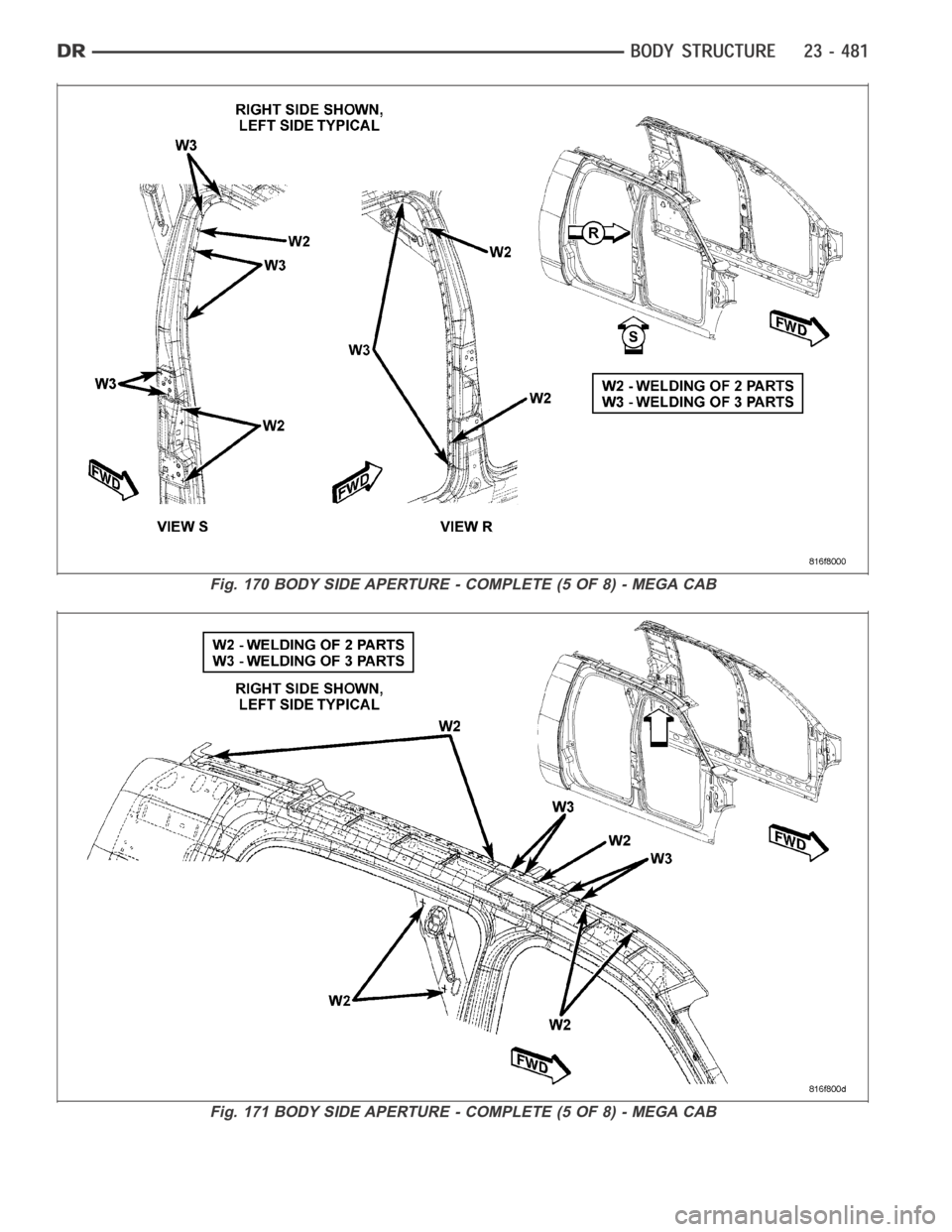 DODGE RAM SRT-10 2006  Service Repair Manual Fig. 170 BODY SIDE APERTURE - COMPLETE (5 OF 8) - MEGA CAB
Fig. 171 BODY SIDE APERTURE - COMPLETE (5 OF 8) - MEGA CAB 