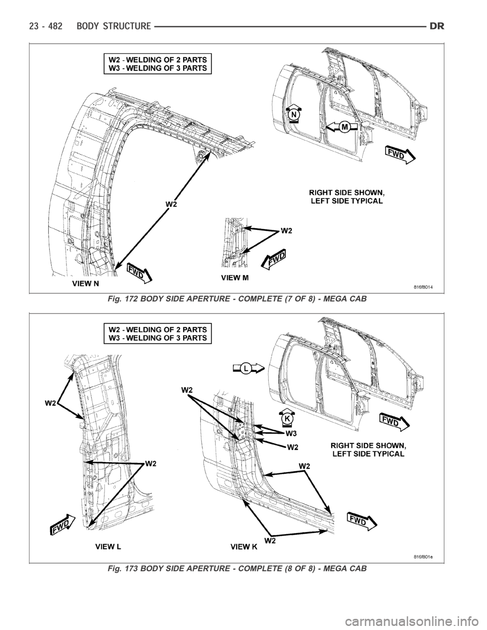 DODGE RAM SRT-10 2006  Service Repair Manual Fig. 172 BODY SIDE APERTURE - COMPLETE (7 OF 8) - MEGA CAB
Fig. 173 BODY SIDE APERTURE - COMPLETE (8 OF 8) - MEGA CAB 