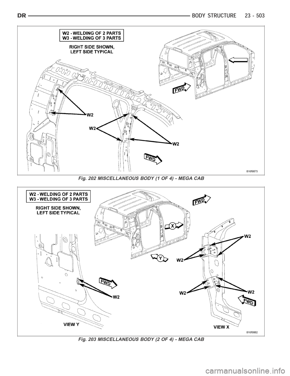 DODGE RAM SRT-10 2006  Service Repair Manual Fig. 202 MISCELLANEOUS BODY (1 OF 4) - MEGA CAB
Fig. 203 MISCELLANEOUS BODY (2 OF 4) - MEGA CAB 