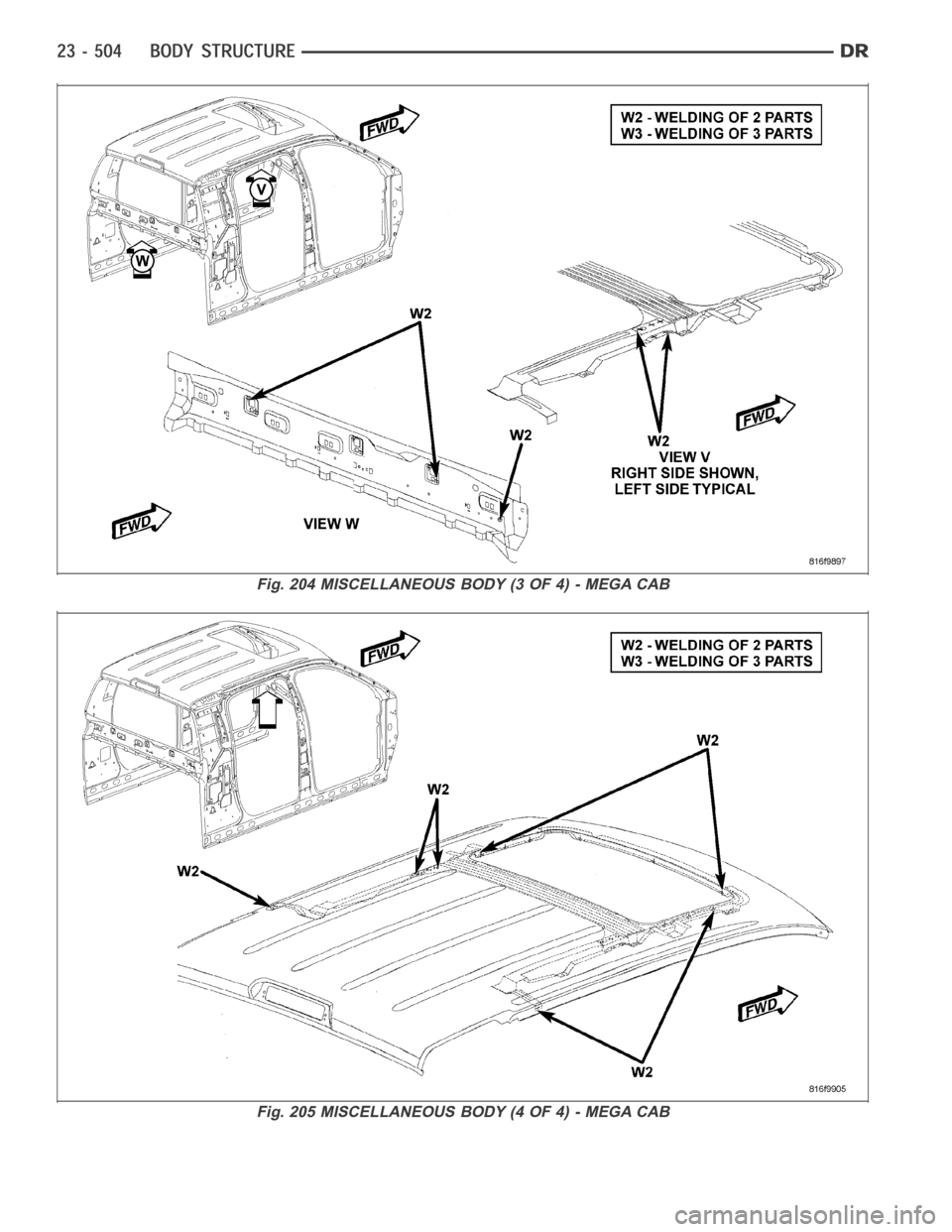 DODGE RAM SRT-10 2006  Service Repair Manual Fig. 204 MISCELLANEOUS BODY (3 OF 4) - MEGA CAB
Fig. 205 MISCELLANEOUS BODY (4 OF 4) - MEGA CAB 