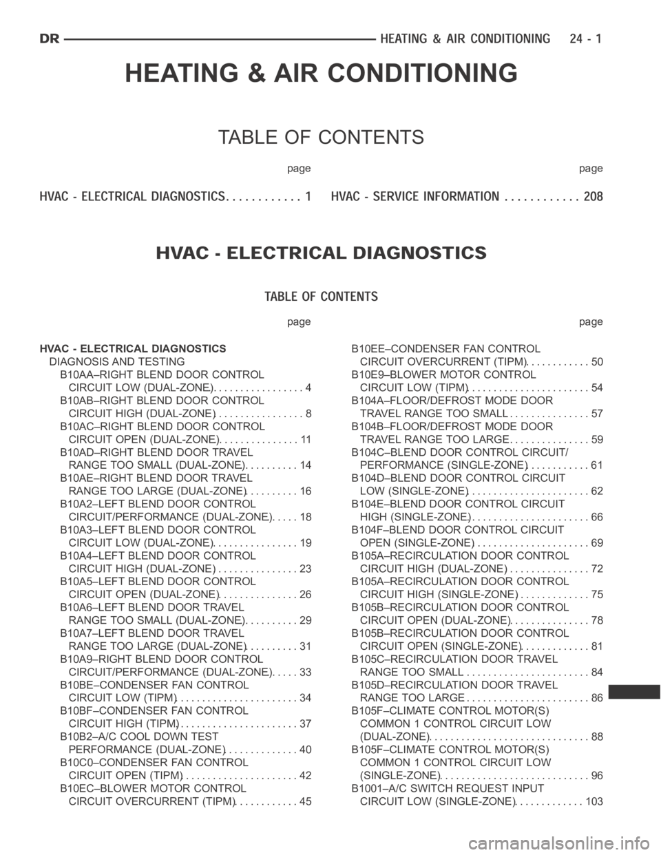 DODGE RAM SRT-10 2006 Service Repair Manual HEATING & AIR CONDITIONING
TABLE OF CONTENTS
page page
page page
HVAC - ELECTRICAL DIAGNOSTICS
DIAGNOSIS AND TESTING
B10AA–RIGHT BLEND DOOR CONTROL
CIRCUIT LOW (DUAL-ZONE).................. 4
B10AB DODGE RAM SRT-10 2006 Service Repair Manual HEATING & AIR CONDITIONING
TABLE OF CONTENTS
page page
page page
HVAC - ELECTRICAL DIAGNOSTICS
DIAGNOSIS AND TESTING
B10AA–RIGHT BLEND DOOR CONTROL
CIRCUIT LOW (DUAL-ZONE).................. 4
B10AB