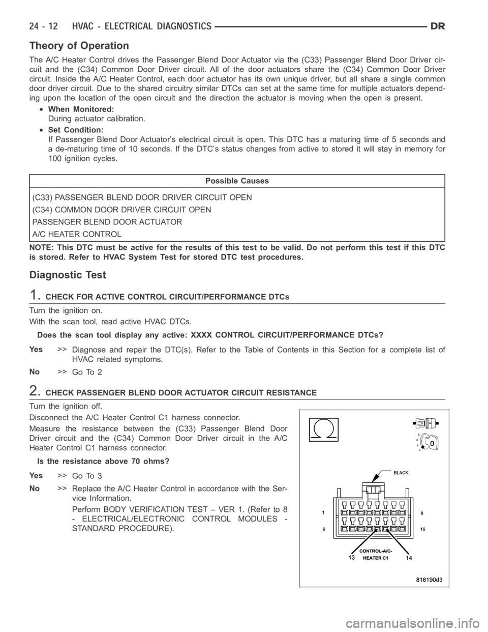 DODGE RAM SRT-10 2006 Service Repair Manual Theory of Operation
The A/C Heater Control drives the Passenger Blend Door Actuator via the (C33) Passenger Blend Door Driver cir-
cuit and the (C34) Common Door Driver circuit. All of the door actuat DODGE RAM SRT-10 2006 Service Repair Manual Theory of Operation
The A/C Heater Control drives the Passenger Blend Door Actuator via the (C33) Passenger Blend Door Driver cir-
cuit and the (C34) Common Door Driver circuit. All of the door actuat