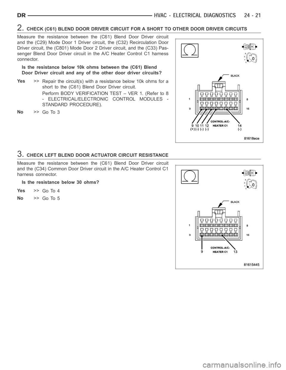 DODGE RAM SRT-10 2006 Service Repair Manual 2.CHECK (C61) BLEND DOOR DRIVER CIRCUIT FOR A SHORT TO OTHER DOOR DRIVER CIRCUITS
Measure the resistance between the (C61) Blend Door Driver circuit
and the (C29) Mode Door 1 Driver circuit, the (C32) DODGE RAM SRT-10 2006 Service Repair Manual 2.CHECK (C61) BLEND DOOR DRIVER CIRCUIT FOR A SHORT TO OTHER DOOR DRIVER CIRCUITS
Measure the resistance between the (C61) Blend Door Driver circuit
and the (C29) Mode Door 1 Driver circuit, the (C32)