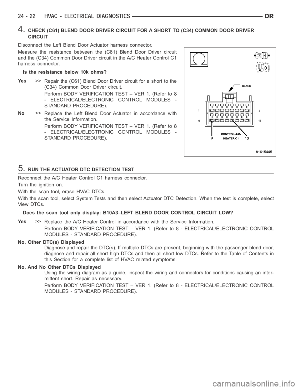 DODGE RAM SRT-10 2006 Service Repair Manual 4.CHECK (C61) BLEND DOOR DRIVER CIRCUIT FOR A SHORT TO (C34) COMMON DOOR DRIVER
CIRCUIT
Disconnect the Left Blend Door Actuator harness connector.
Measure the resistance between the (C61) Blend Door D DODGE RAM SRT-10 2006 Service Repair Manual 4.CHECK (C61) BLEND DOOR DRIVER CIRCUIT FOR A SHORT TO (C34) COMMON DOOR DRIVER
CIRCUIT
Disconnect the Left Blend Door Actuator harness connector.
Measure the resistance between the (C61) Blend Door D