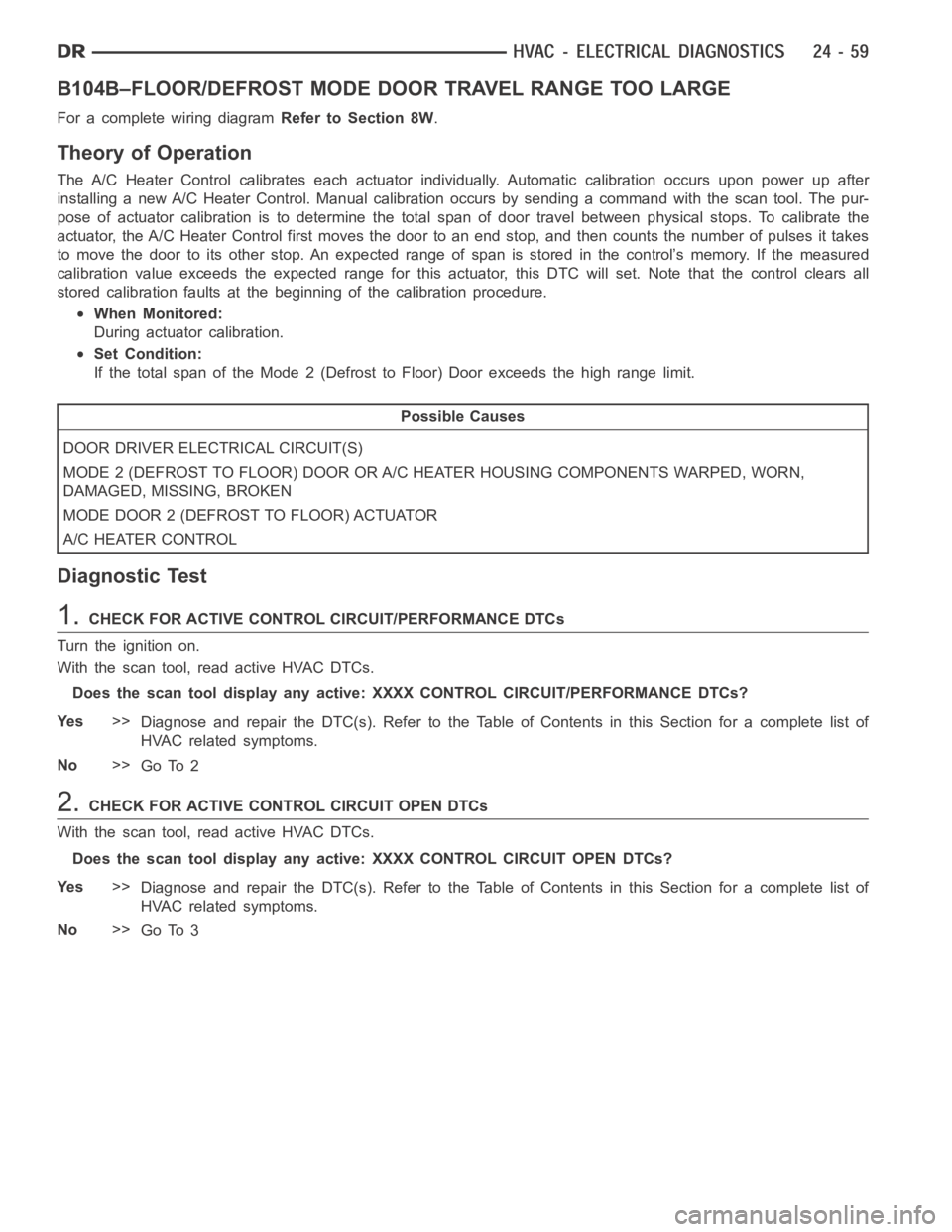 DODGE RAM SRT-10 2006 Service Repair Manual B104B–FLOOR/DEFROST MODEDOOR TRAVEL RANGE TOO LARGE
For a complete wiring diagramRefer to Section 8W.
Theory of Operation
The A/C Heater Control calibrates each actuator individually. Automaticcalib DODGE RAM SRT-10 2006 Service Repair Manual B104B–FLOOR/DEFROST MODEDOOR TRAVEL RANGE TOO LARGE
For a complete wiring diagramRefer to Section 8W.
Theory of Operation
The A/C Heater Control calibrates each actuator individually. Automaticcalib