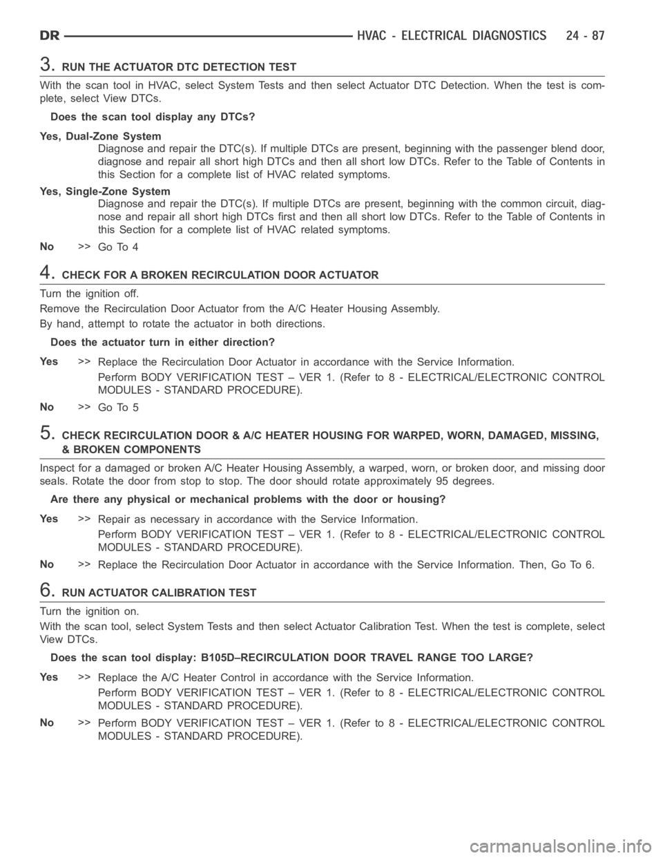 DODGE RAM SRT-10 2006 Service Repair Manual 3.RUN THE ACTUATOR DTC DETECTION TEST
With the scan tool in HVAC, select System Tests and then select Actuator DTCDetection. When the test is com-
plete, select View DTCs.
Does the scan tool display a DODGE RAM SRT-10 2006 Service Repair Manual 3.RUN THE ACTUATOR DTC DETECTION TEST
With the scan tool in HVAC, select System Tests and then select Actuator DTCDetection. When the test is com-
plete, select View DTCs.
Does the scan tool display a