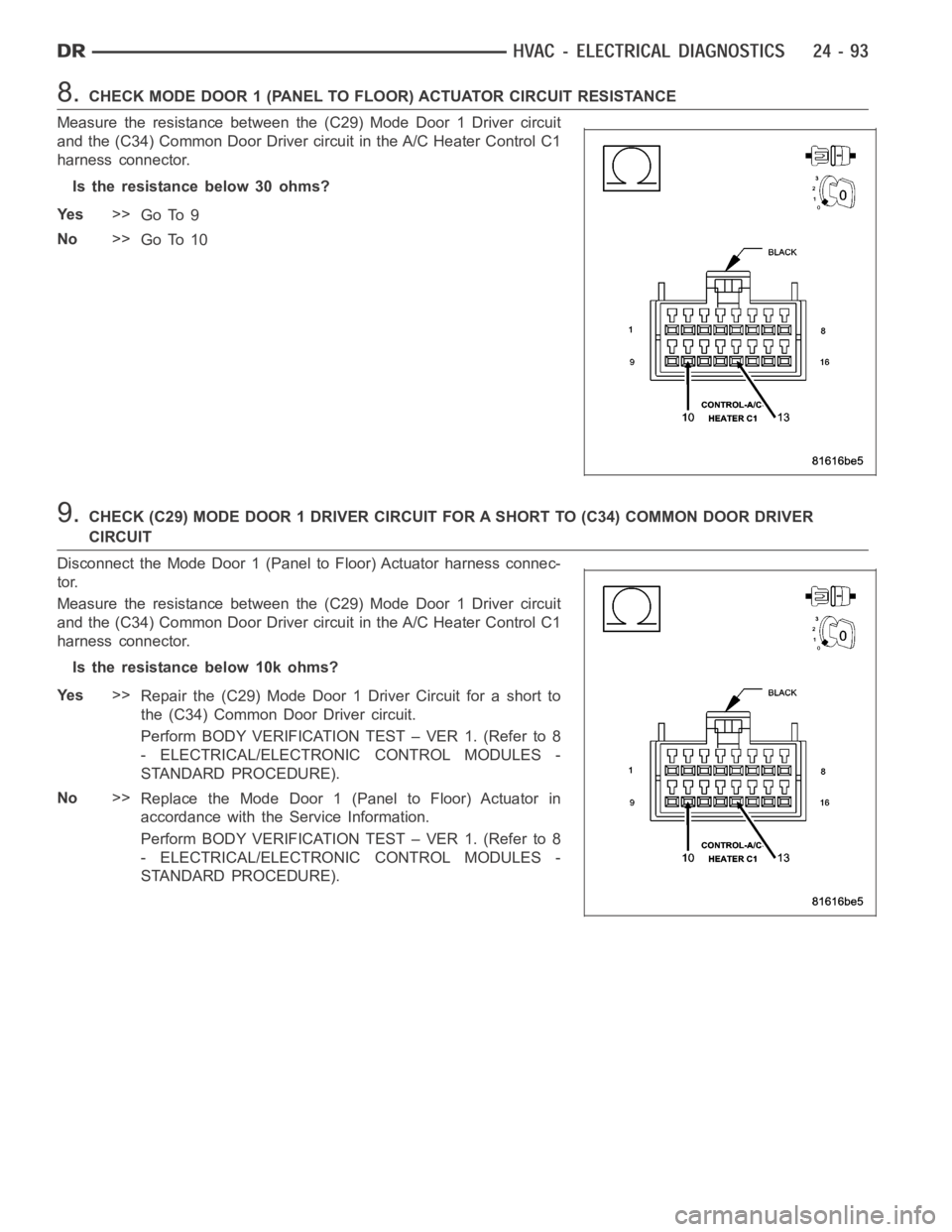 DODGE RAM SRT-10 2006  Service Repair Manual 8.CHECK MODE DOOR 1 (PANEL TO FLOOR) ACTUATOR CIRCUIT RESISTANCE
Measure the resistance between the (C29) Mode Door 1 Driver circuit
and the (C34) Common Door Driver circuit in the A/C Heater Control 