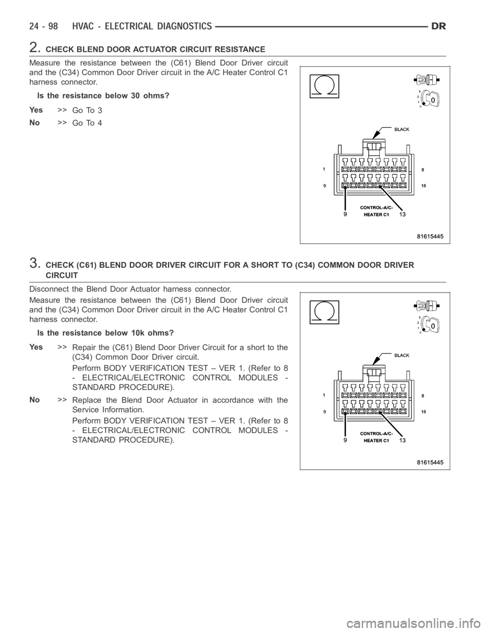 DODGE RAM SRT-10 2006 Service Repair Manual 2.CHECK BLEND DOOR ACTUATOR CIRCUIT RESISTANCE
Measure the resistance between the (C61) Blend Door Driver circuit
and the (C34) Common Door Driver circuit in the A/C Heater Control C1
harness connecto DODGE RAM SRT-10 2006 Service Repair Manual 2.CHECK BLEND DOOR ACTUATOR CIRCUIT RESISTANCE
Measure the resistance between the (C61) Blend Door Driver circuit
and the (C34) Common Door Driver circuit in the A/C Heater Control C1
harness connecto