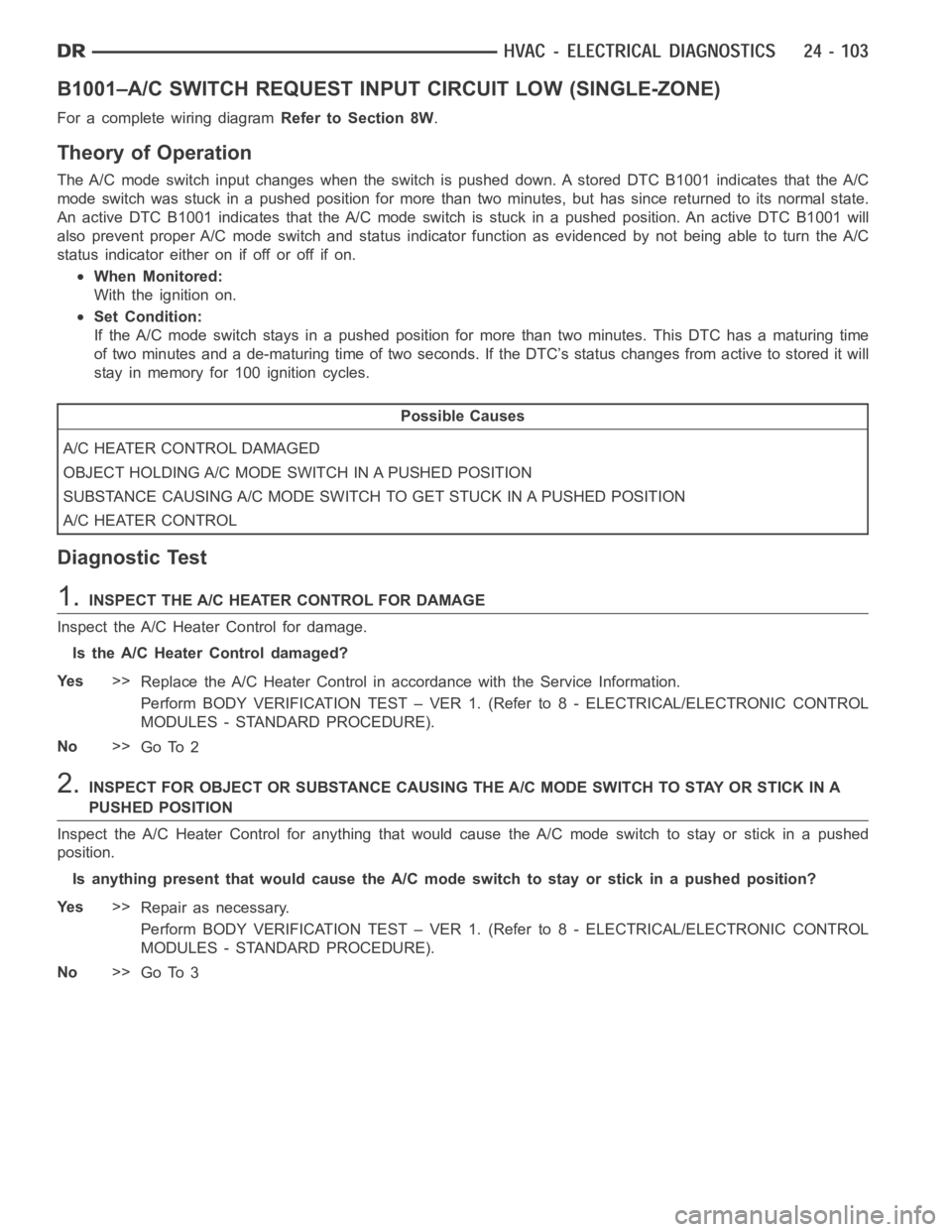 DODGE RAM SRT-10 2006 Service Repair Manual B1001–A/C SWITCH REQUEST INPUT CIRCUIT LOW (SINGLE-ZONE)
For a complete wiring diagramRefer to Section 8W.
Theory of Operation
The A/C mode switch input changes when the switch is pushed down. A sto DODGE RAM SRT-10 2006 Service Repair Manual B1001–A/C SWITCH REQUEST INPUT CIRCUIT LOW (SINGLE-ZONE)
For a complete wiring diagramRefer to Section 8W.
Theory of Operation
The A/C mode switch input changes when the switch is pushed down. A sto