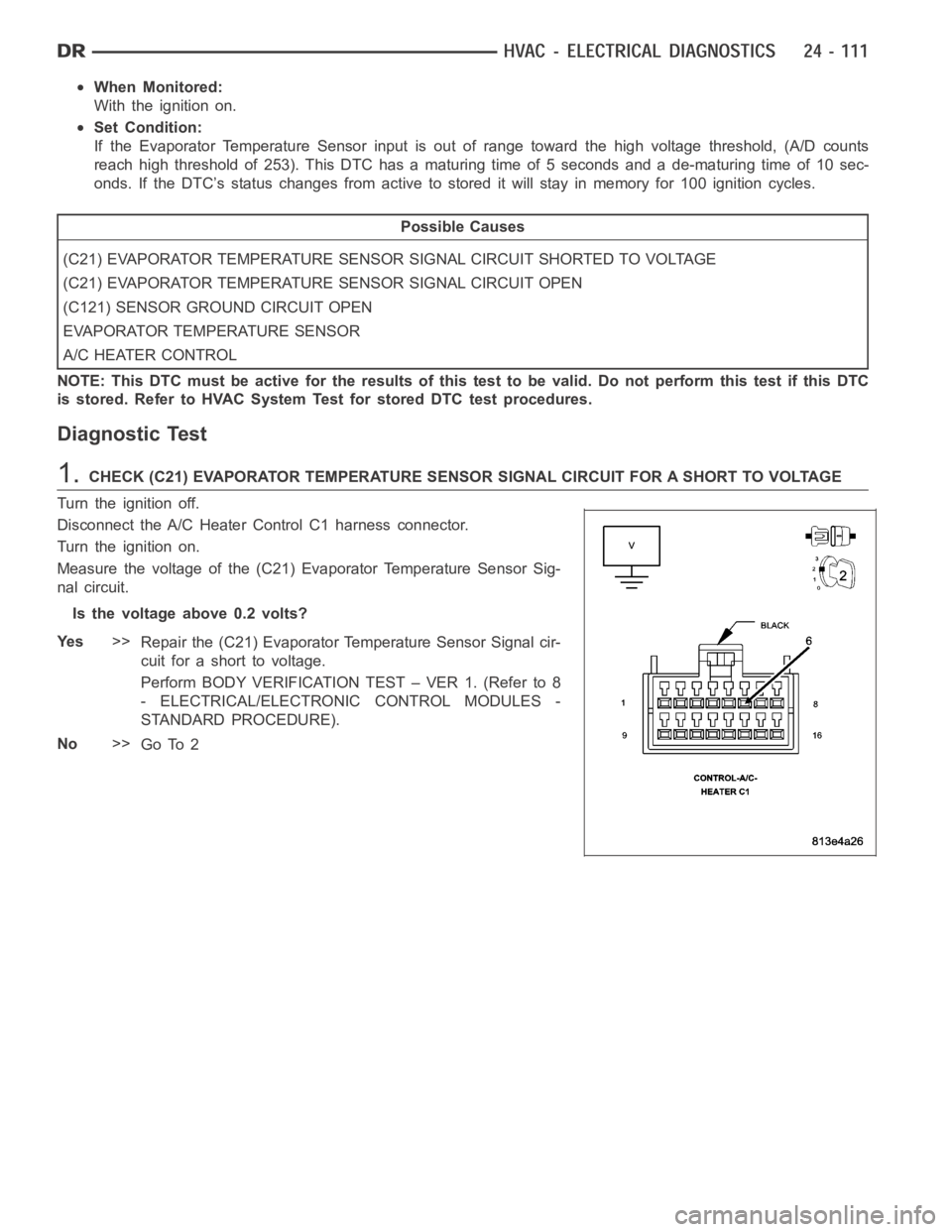 DODGE RAM SRT-10 2006  Service Repair Manual When Monitored:
With the ignition on.
Set Condition:
If the Evaporator Temperature Sensor input is out of range toward the high voltage threshold, (A/D counts
reach high threshold of 253). This DTC ha