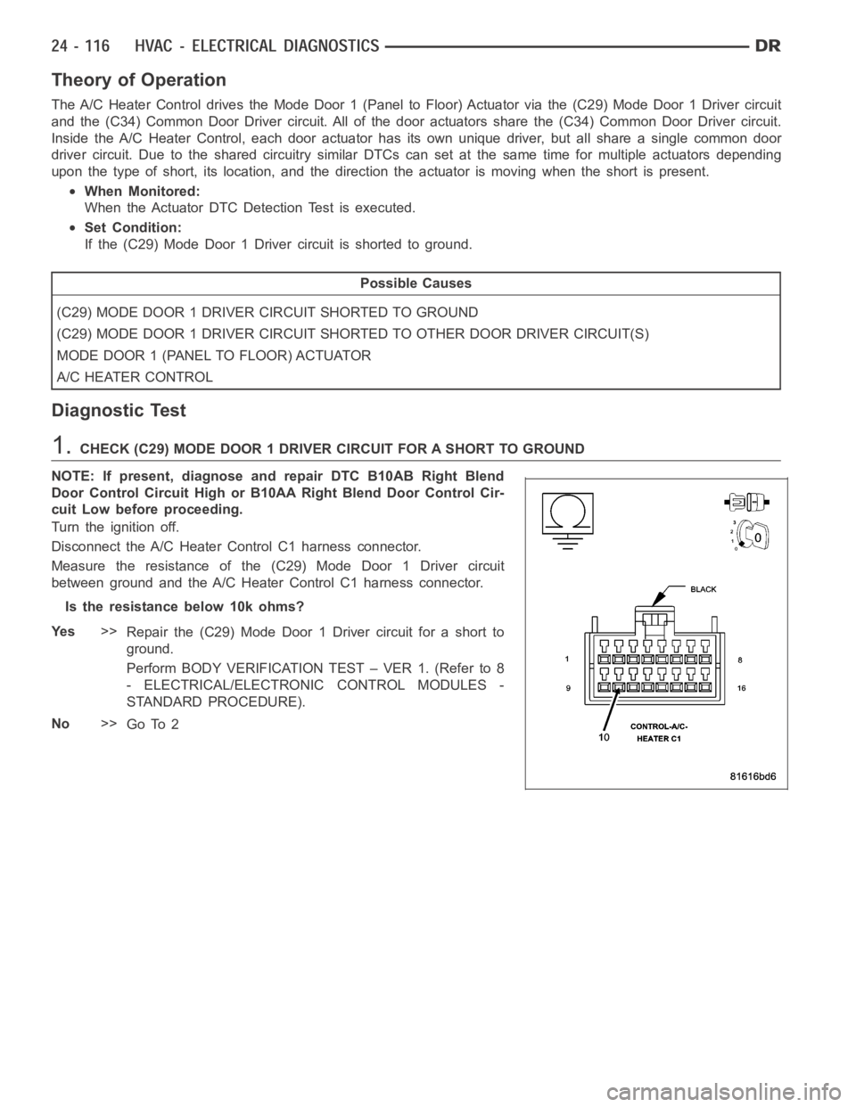 DODGE RAM SRT-10 2006 Service Repair Manual Theory of Operation
The A/C Heater Control drives the Mode Door 1 (Panel to Floor) Actuator via the (C29) Mode Door 1 Driver circuit
and the (C34) Common Door Driver circuit. All of the door actuators DODGE RAM SRT-10 2006 Service Repair Manual Theory of Operation
The A/C Heater Control drives the Mode Door 1 (Panel to Floor) Actuator via the (C29) Mode Door 1 Driver circuit
and the (C34) Common Door Driver circuit. All of the door actuators