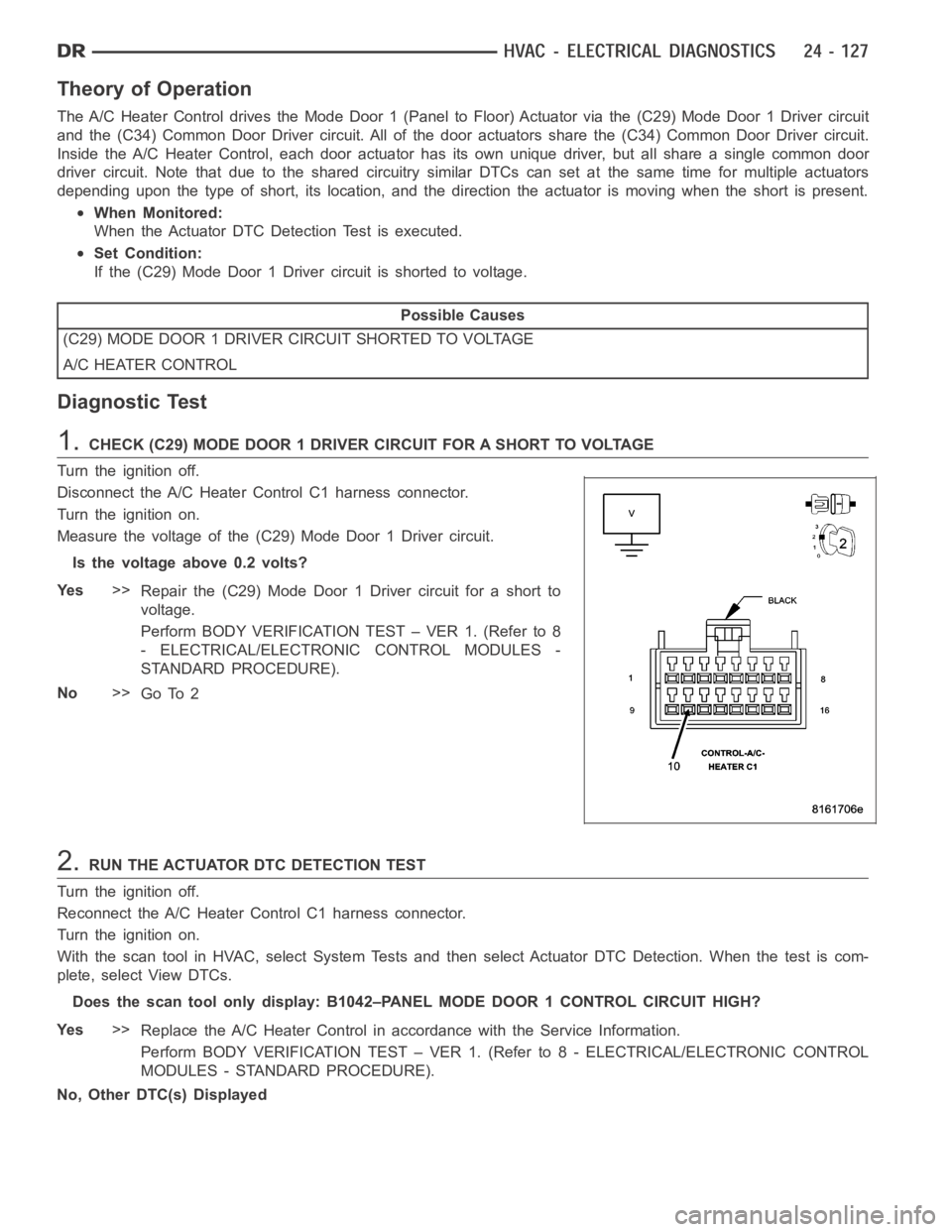 DODGE RAM SRT-10 2006 Service Repair Manual Theory of Operation
The A/C Heater Control drives the Mode Door 1 (Panel to Floor) Actuator via the (C29) Mode Door 1 Driver circuit
and the (C34) Common Door Driver circuit. All of the door actuators DODGE RAM SRT-10 2006 Service Repair Manual Theory of Operation
The A/C Heater Control drives the Mode Door 1 (Panel to Floor) Actuator via the (C29) Mode Door 1 Driver circuit
and the (C34) Common Door Driver circuit. All of the door actuators
