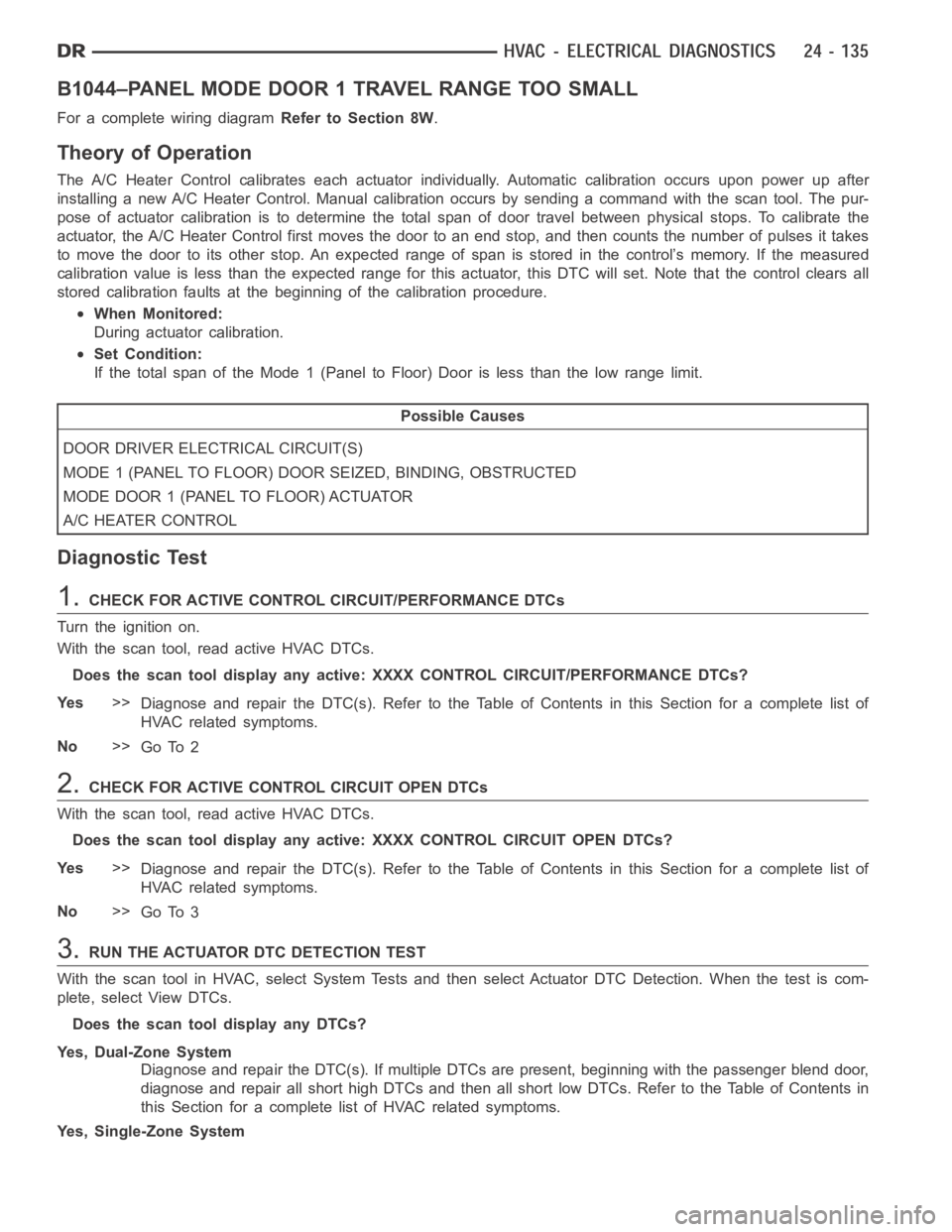 DODGE RAM SRT-10 2006 Service Repair Manual B1044–PANEL MODE DOOR 1 TRAVEL RANGE TOO SMALL
For a complete wiring diagramRefer to Section 8W.
Theory of Operation
The A/C Heater Control calibrates each actuator individually. Automaticcalibratio DODGE RAM SRT-10 2006 Service Repair Manual B1044–PANEL MODE DOOR 1 TRAVEL RANGE TOO SMALL
For a complete wiring diagramRefer to Section 8W.
Theory of Operation
The A/C Heater Control calibrates each actuator individually. Automaticcalibratio